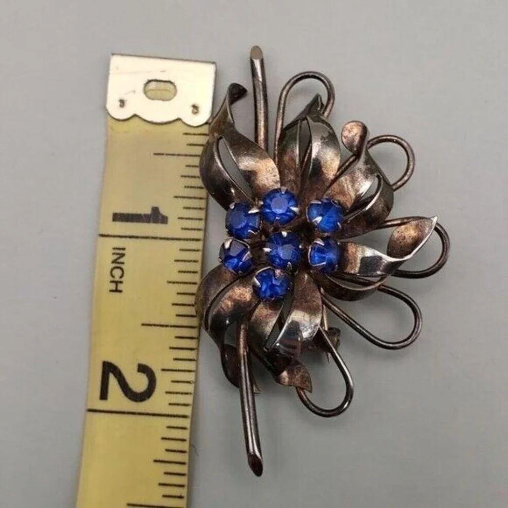 Vintage‎ Sterling Silver Brooch Blue Stones Retro Patina